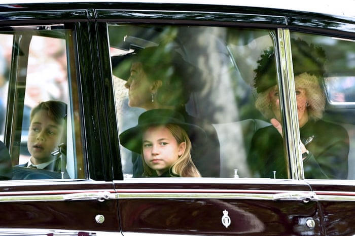 Prince George of Wales, Princess Charlotte of Wales, Catherine, Princess of Wales and Camilla, Queen consort.