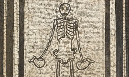 Floor mosaic from the House of the Vestals in Pompeii of a skeleton holding jugs of wine