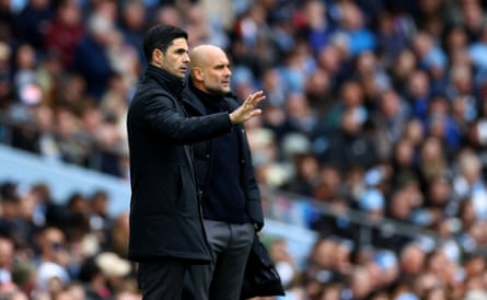 Mikel Arteta and Pep Guardiola at the Etihad Stadium in March 2024