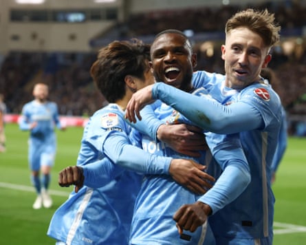 Josh Eccles celebrates with Frank Onyeka after the Brentford loanee’s goal in the home win against Derby.