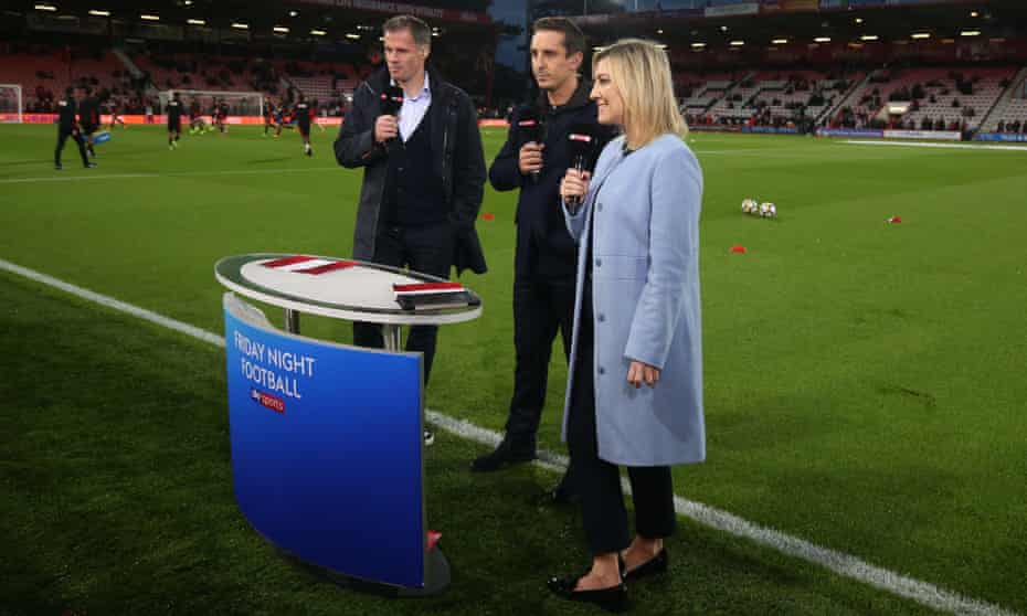 The Sky Sports presenters Jamie Carragher, Gary Neville and Kelly Cates. Sky has secured four of the best five packs for 2019-22.