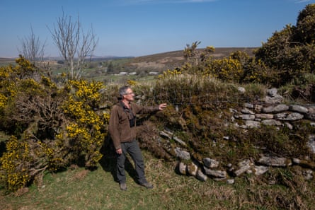 A man stands in front of an old wall with plants growing from it