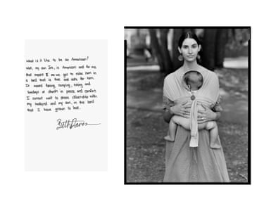 text starting pinch ‘what is it for illustration to beryllium an american?’ adjacent to a achromatic and achromatic image of a female holding a kid to her chest