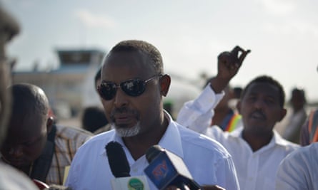 Mohamed Nur, speaks to journalists after Air Uganda’s maiden flight into Mogadishu airport in July 2013.