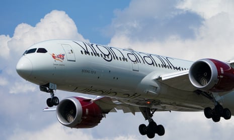 A Virgin Atlantic Boeing 787-9 G-VZIG Dreamliner plane as it lands at London Heathrow airport