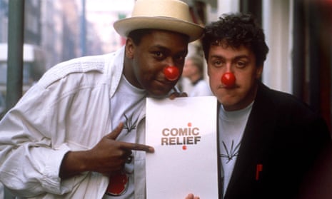 Comic Relief co-founder Lenny Henry with Griff Rhys Jones in 1987