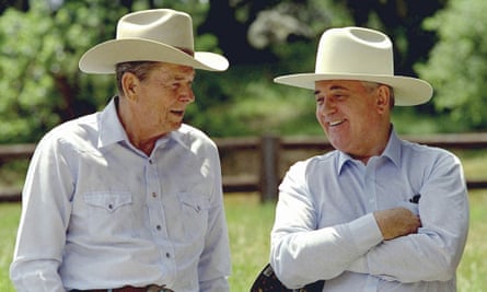 Ronald Reagan and Mikhail Gorbachev don cowboy hats while enjoying a moment at Reagan’s Rancho del Cielo north of Santa Barbara in 1992