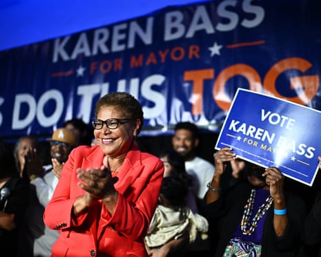 Los Angeles Mayor Karen Bass speaks during an election night event on 2 June.