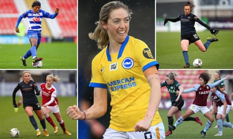 From top left: Reading forward Danielle Carter, Brighton and Hove Albion’s Megan Connolly, Caroline Weir of Manchester City, Mana Iwabuchi of Aston Villa, Alex Greenwood of Manchester City is closed down by Beth Mead of Arsenal.