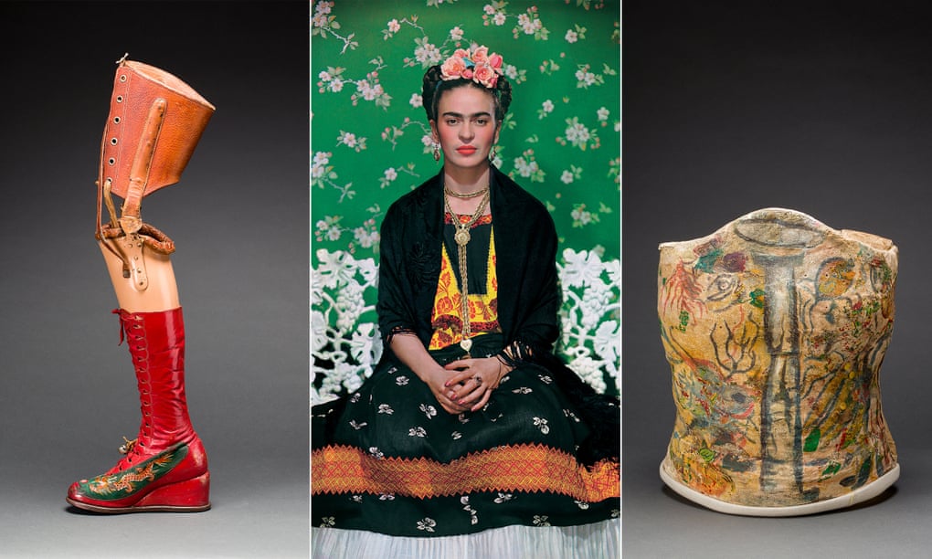 Frida Kahlo, centre, in 1938. Left: her prosthetic leg with leather boot. Right: plaster corset painted by Frida Kahlo.