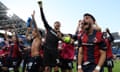 Bologna’s players celebrate after their 2-0 victory at Napoli on Saturday