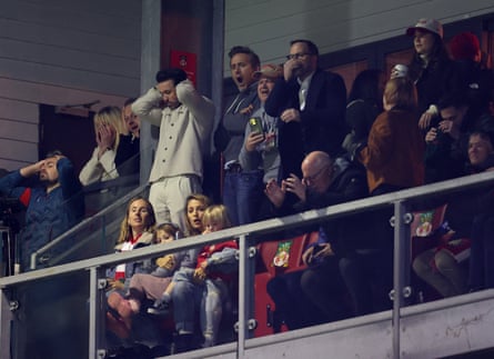 The Wrexham co-owners, Rob Mac and Ryan Reynolds, react during Wrexham’s FA Cup match against Chelsea