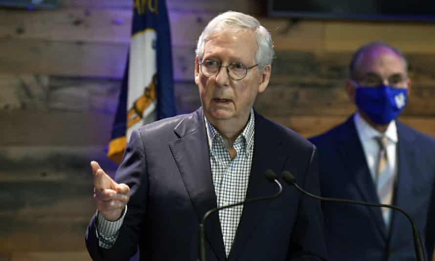The Senate minority leader, Mitch McConnell, speaks during a news conference in his home state of Kentucky, Monday 5 April 2021.