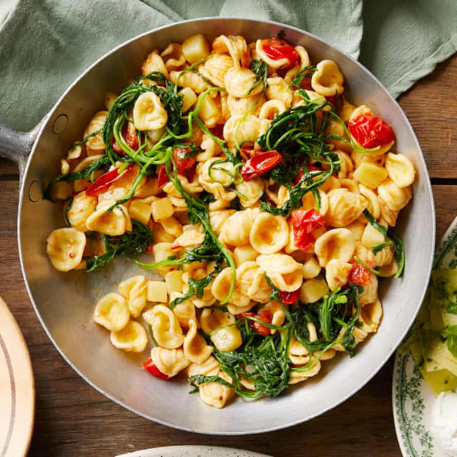Rachel Roddy's orecchiette with tomatoes, anchovies, arugula and potatoes.