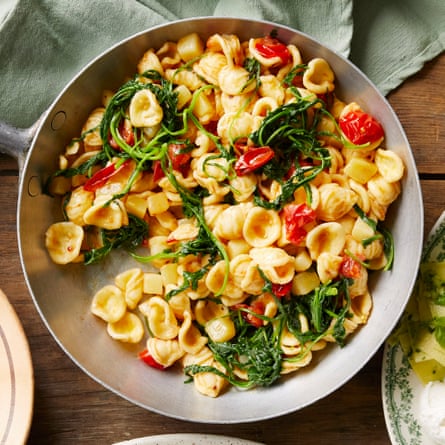 Rachel Roddy’s Orecchiette with tomatoes, anchovy, rocket and potato.