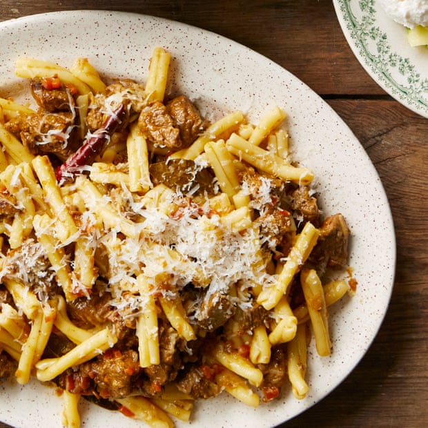 Rachel Roddy’s casarecce with lamb and saffron ragu.