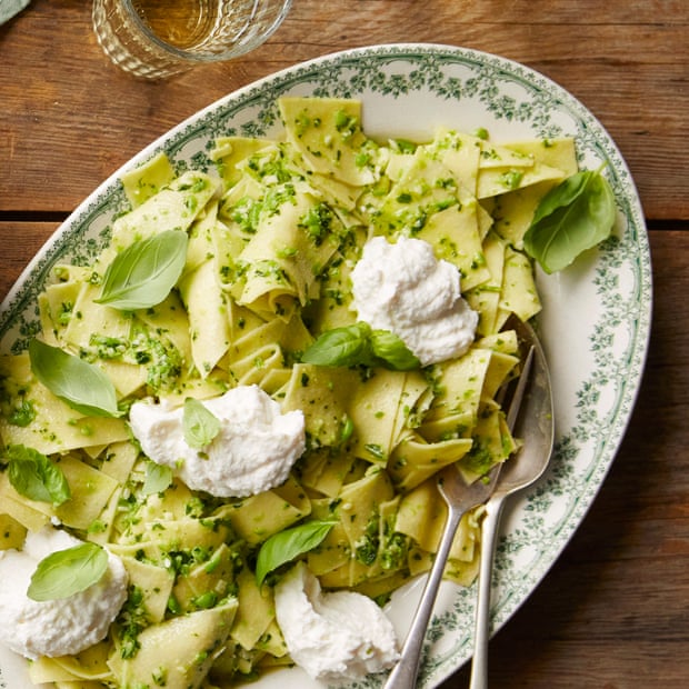 Rachel Roddy’s maltagliati with rocket, basil and pea pesto.