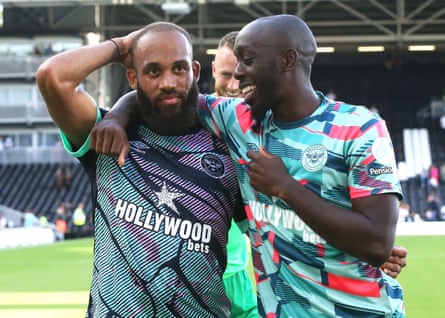Brentford pair Bryan Mbeumo and Yoane Wissa celebrate their victory at Fulham.