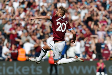 West Ham United’s Andriy Yarmolenko celebrates after his shot was deflected into the goal