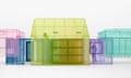 3D outlines of entire houses, made out of translucent fabric in various bright colours, exhibited in a white space