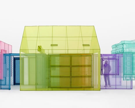 3D outlines of entire houses, made out of translucent fabric in various bright colours, exhibited in a white space