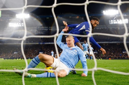 12 November 2023Manchester City’s Erling Haaland scores their third goal against Chelsea at Stamford Bridge via his bum.