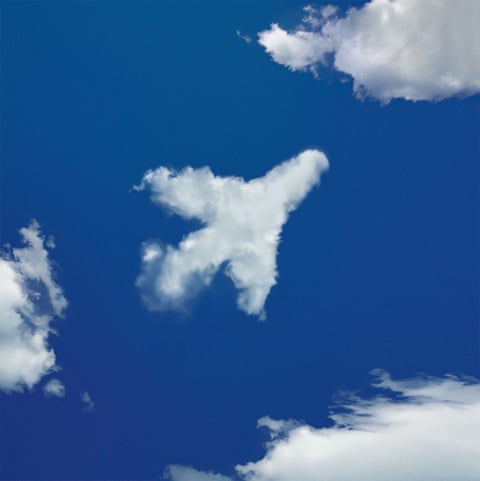 Illustration of white cloud plane against blue sky