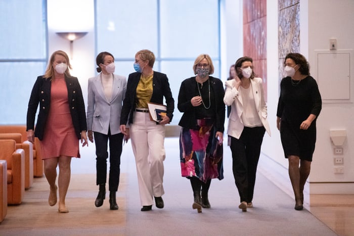 The teal independents in the Mural Hall for a press conference this morning, from left: Kylea Tink, Sophie Scamps, Zoe Daniel, Zali Steggall, Allegra Spender and Monique Ryan in Parliament House.