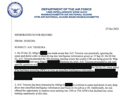 یادداشت نیروی هوایی ایالات متحده در مورد مظنون پنتاگون لیکس جک تکسیرا در پرونده های دادگاه فاش شد