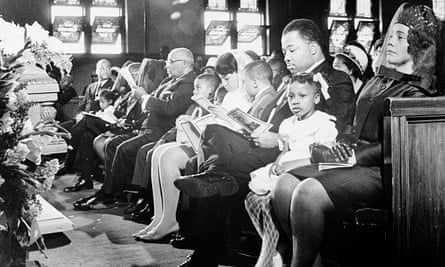 Bernice King and her family in the front row of the Ebenezer Baptist Church at the funeral of Martin Luther King in 1968.