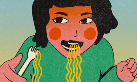 illustration of child eating noodles