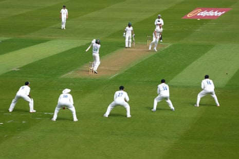 Rishi Patel of Leicestershire hits a boundary off the bowling of Sussex’s Ollie Robinson