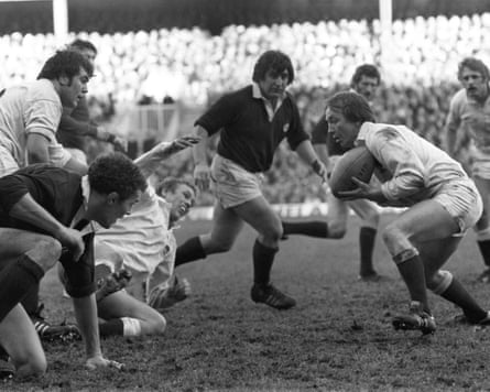 Scotland’s Ian McLauchlan closes in as England’s Peter Wheeler gets the ball back to teammate Malcolm Young in February 1979.