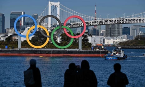 The Olympic rings are sseen at the waterfront in Tokyo.