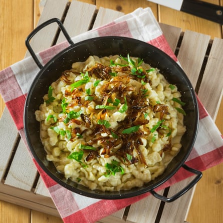 Käsespätzle: a Tirolean noodle dish doused in melted cheese and fried onions.