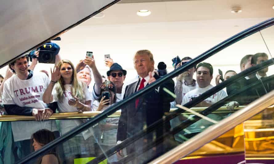 Donald Trump descends Trump Tower on an escalator to announce his candidacy for US president on 16 June 2015.