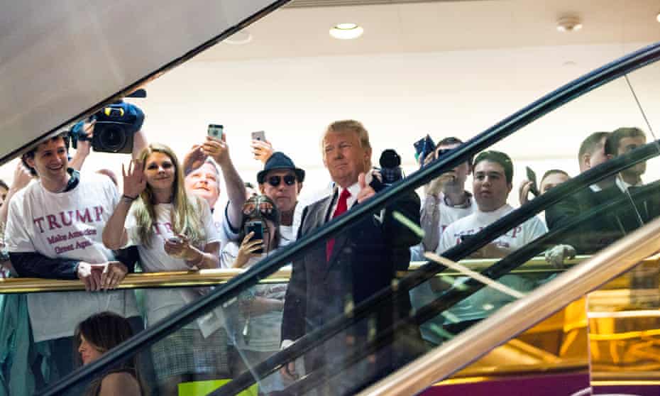 Donald Trump descends Trump Tower on an escalator to announce his candidacy for US president on 16 June 2015. 