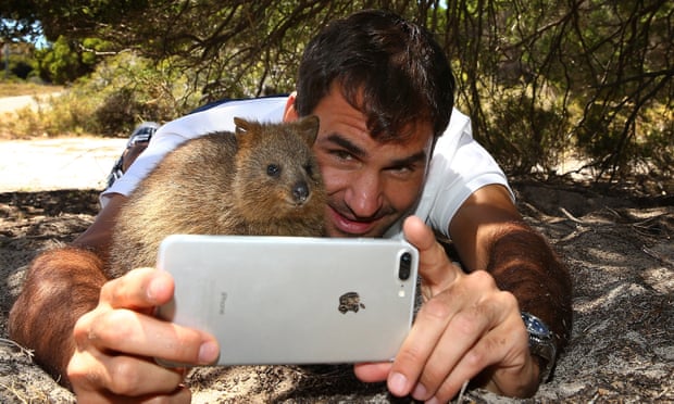 Roger Federer takes a selfie with a quokka at Rottnest Island in Australia