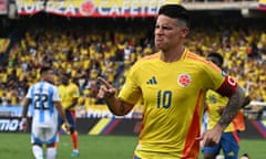 James Rodríguez celebrates after scoring the winning penalty against Argentina.