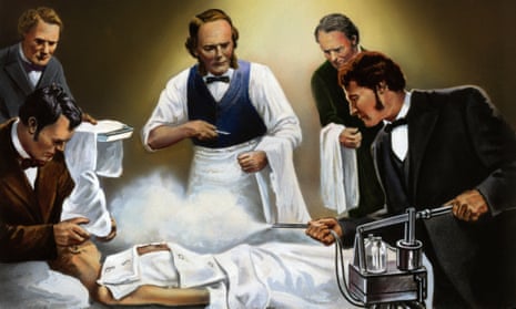 an illustration of joseph lister operating as an assistant sprays carbolic acid