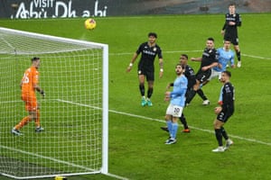 Joao Cancelo’s shot smacks against the cross bar.