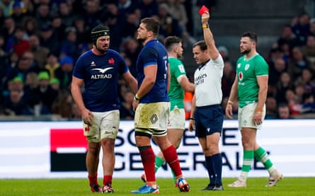 France’s Paul Willemse (second left) is shown the red card against Ireland.