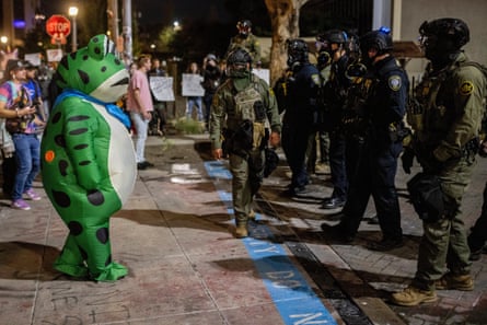 Person in head to toe frog costume facing half a dozen people in olive riot gear.