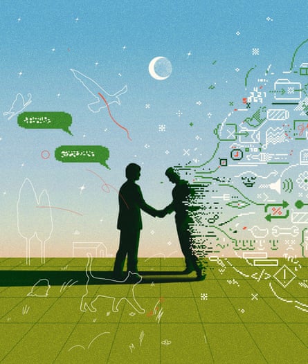 one person shaking hands with another person as their silhouette fades into pixels and other tech symbols