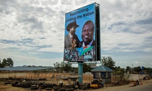 South Sudan's president, Salva Kiir, left, is depicted alongside the opposition leader, Riek Machar, on a billboard in Juba