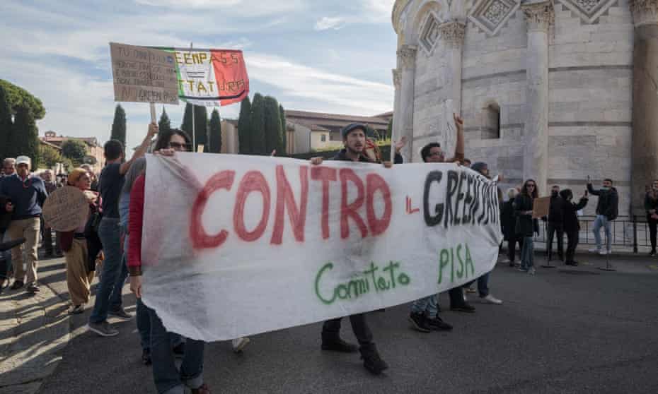 A protest against Italy’s Green Pass vaccination passports in Pisa