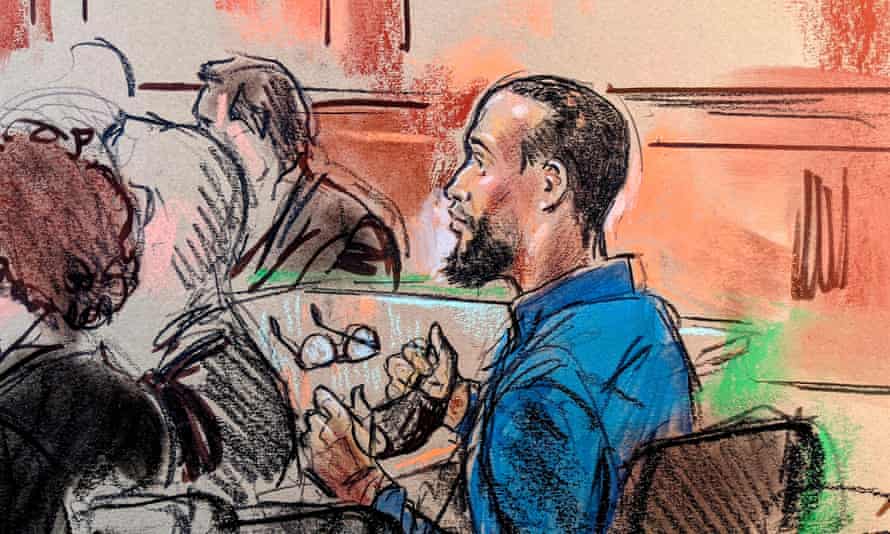 How the Islamic State trial could change the future of US terrorism cases | Islamic State 1 courtroom drawing shows man, with this glasses on table