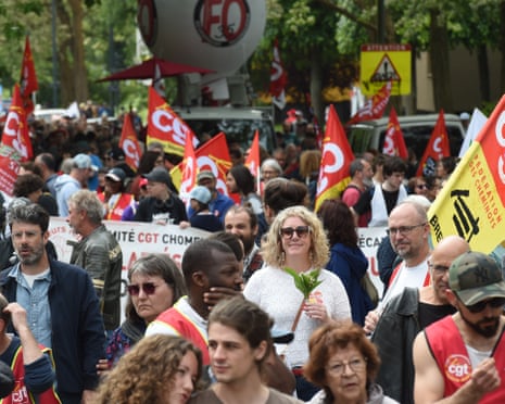 Protesters march during the May Day demonstration in Rennes, western France.