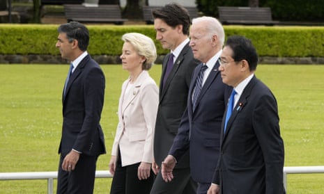 Rishi Sunak, Ursula von der Leyen, Justin Trudeau, Joe Biden, and Fumio Kishida in Hiroshima