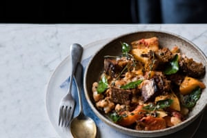 Shredded sprouts with shallots, golden beans and potatoes